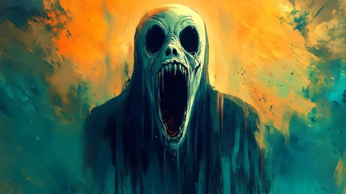 Spectral void entity with skull visage in chromatic turbulence.