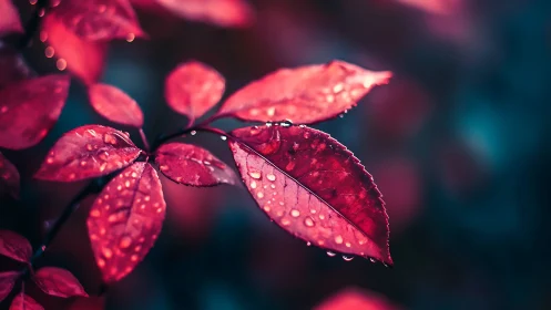 Crimson leaves with dewdrops in dreamy bokeh lightscape.