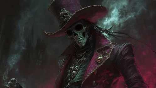 Undead dandy in crimson coat stalks through spectral fog.