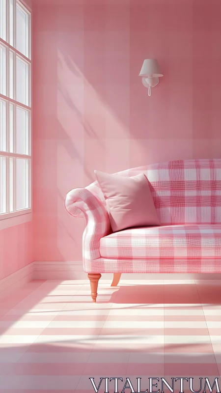 Sunlit pink checkered sofa in a softly glowing corner.
