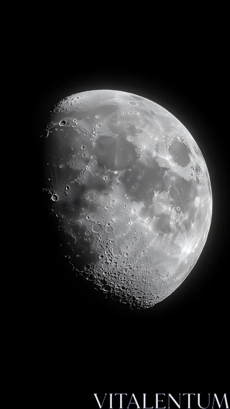 Crisp lunar crescent reveals cratered surface in deep space.