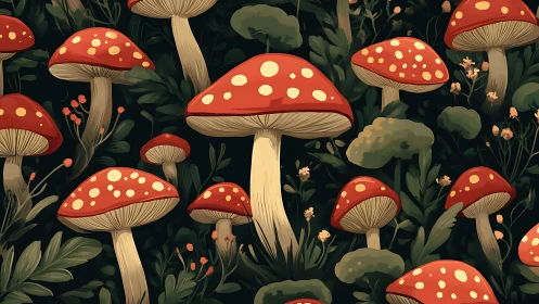 Red toadstools dominate dense forest floor illustration.