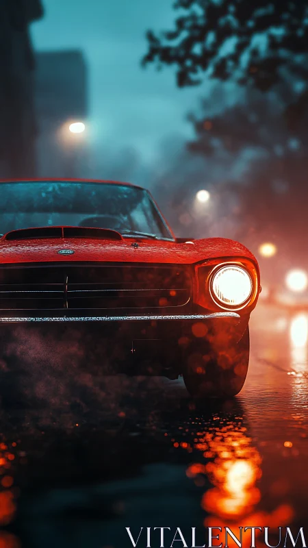 Headlight glow warms a rainy night drive with classic style