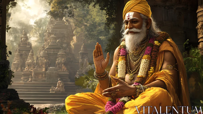 Elderly Hindu guru in saffron robes before ornate stone temples