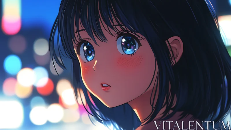 Neon city glow around wide eyed anime girl at dusk.