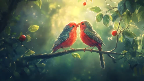 Two Red Birds on a Branch in Dreamy Digital Art Style.