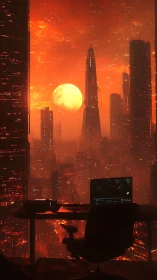 Luminous cybernetic skyline observed from hacker workstation.