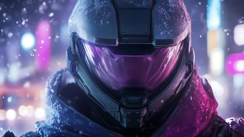 Neon dusk guardian in a snowy cyber city street.