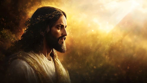 Profile view of robed male figure in golden backlight scene.