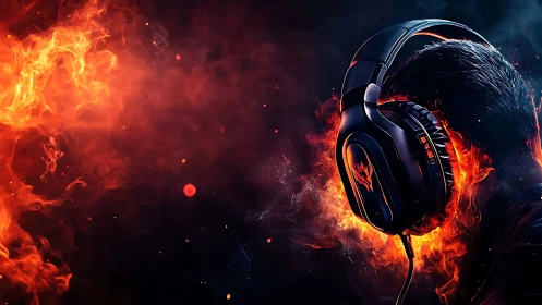 Flaming gaming headset engulfing player head in firestorm.