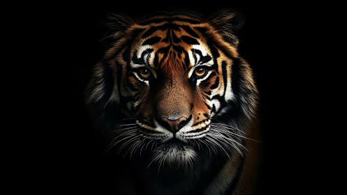 Tiger portrait against deep black background in chiaroscuro.