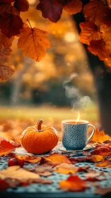 Pumpkin porch brew under ember-bright autumn leaves.
