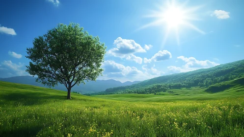 Photorealistic lone tree in luminous pastoral meadowscape.