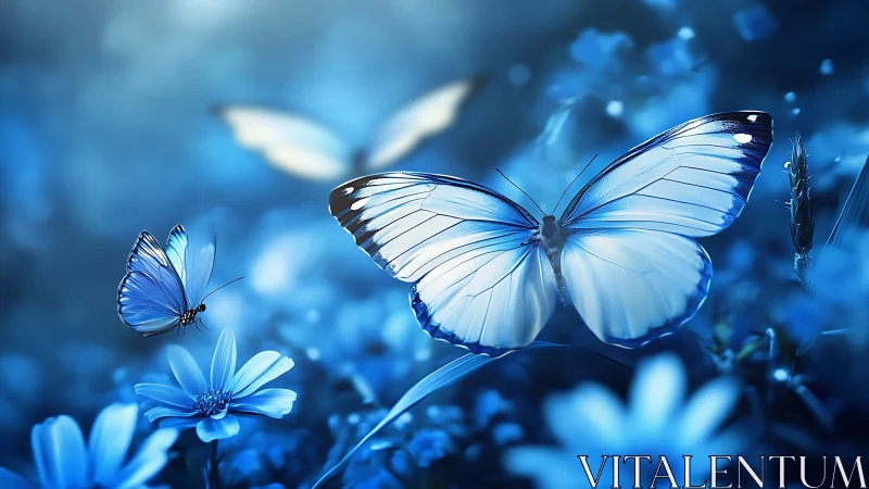 Bioluminescent blue butterflies over nocturnal floral field.