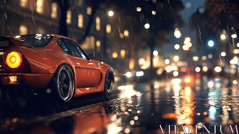 Retro sports coupe in rain-soaked urban night bokeh environment
