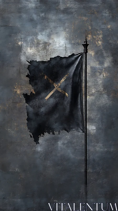 Weathered black flag with a lone pale X still standing proud