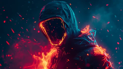 Fiery hooded figure with molten neon faceless visor.
