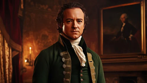 Photorealistic colonial portrait in candlelit interior setting.