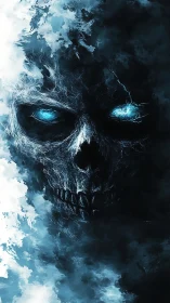 Glowing skull emerges from storm-dark clouds in icy gloom