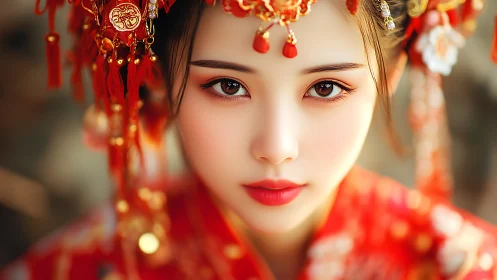 Digital portrait of woman in ornate red ceremonial headdress.