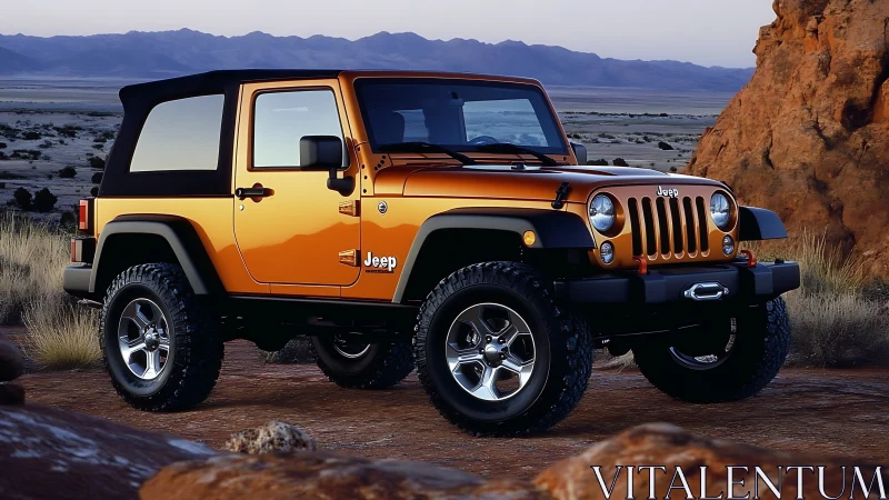 Gold Jeep Wrangler dominates rugged desert trail at dusk.