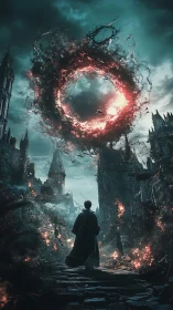 Lone figure observes burning vortex above ruined city street