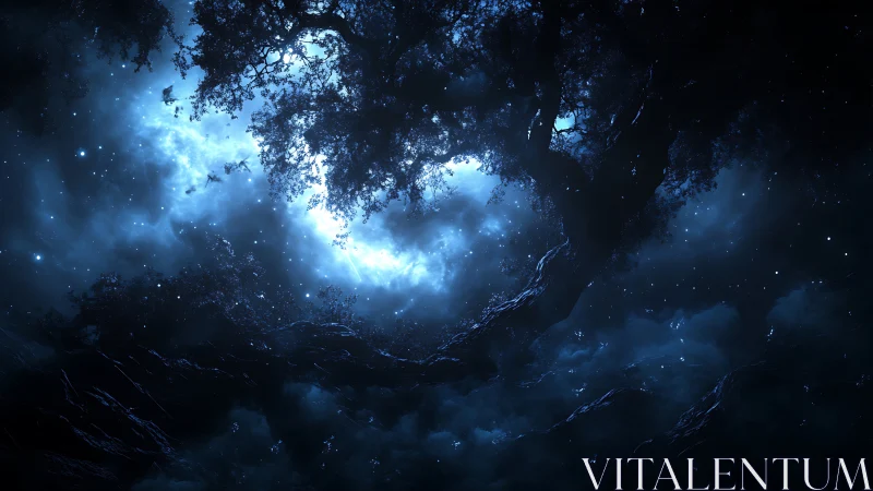 Nocturnal celestial canopy with silhouetted arboreal structure.