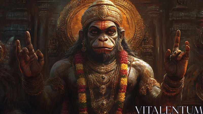 Hanuman-inspired deity portrait in ornate temple setting.