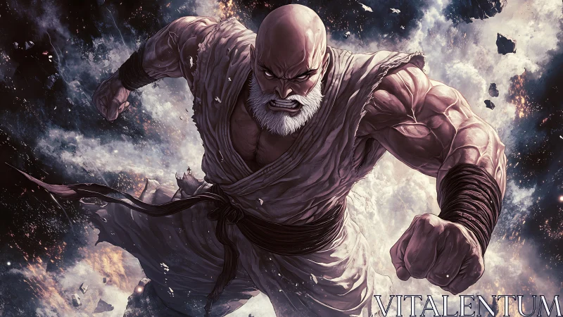 Fierce white-bearded warrior surges forward through swirling chaos