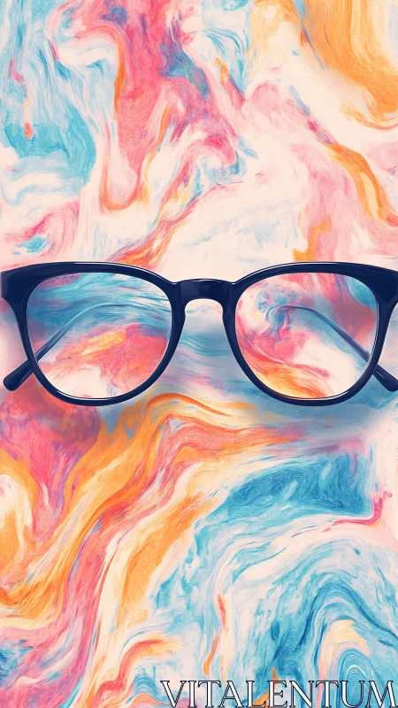 Eyeglass frame rests over multicolored marbled pattern