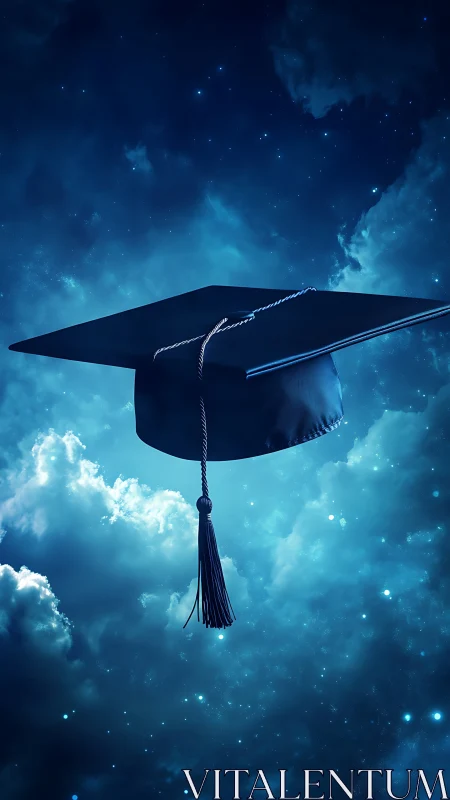 Graduation cap floating above luminous celestial clouds.
