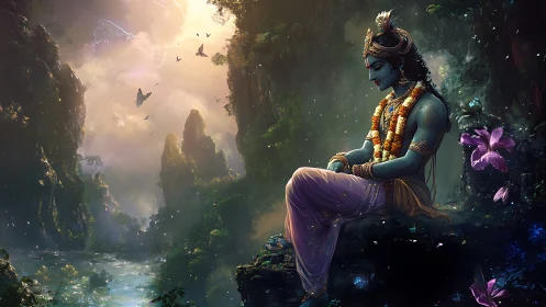 Divine blue figure rests in a glowing, enchanted valley.