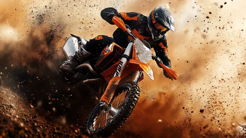 Motocross rider carving dirt berm in dynamic action frame.