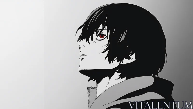 Side profile anime portrait shows hooded character staring upward