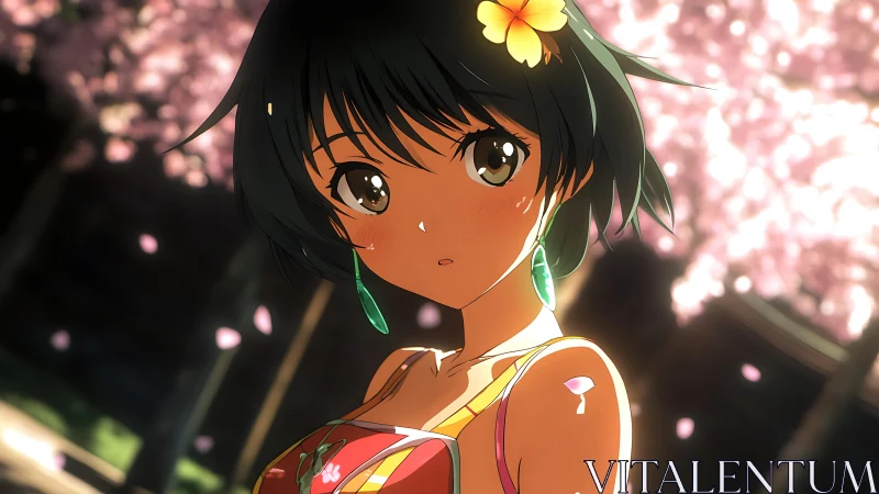 Anime girl under cherry blossoms with warm bokeh lighting