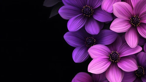 Purple and Pink Flowers Against Black Background.