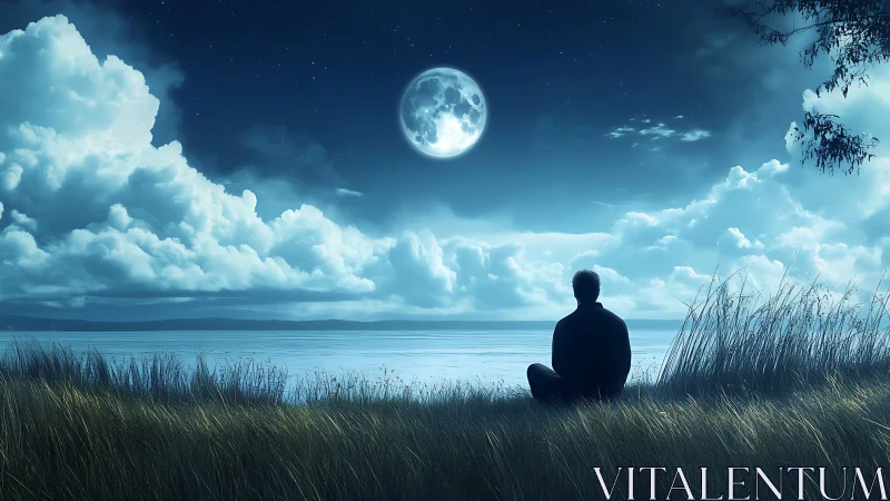 Solitary figure watches full moon above tranquil night lake