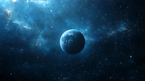 Solitary blue planet illuminated in ethereal starfield glow.