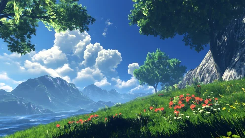 Sunlit wildflowers lean toward a cloud-draped mountain sea