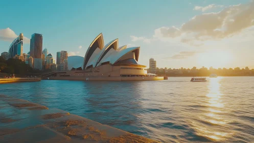 Sydney Opera House basks in warm harbor sunset glow.
