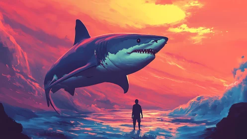 Colossal sunset shark drifts above lone dreamer at shore.