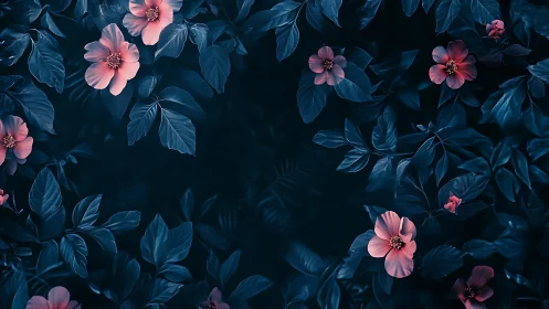 Pink Blossoms Against Deep Teal Foliage in Botanical Composition.