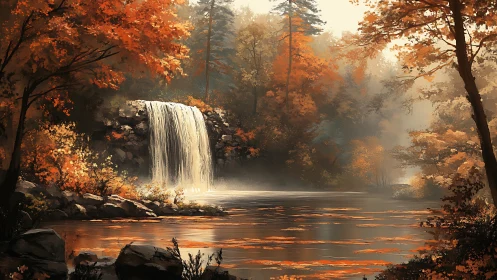 Autumn forest waterfall above calm reflective river surface.