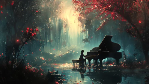 Solitary pianist plays grand piano in luminous forest pond