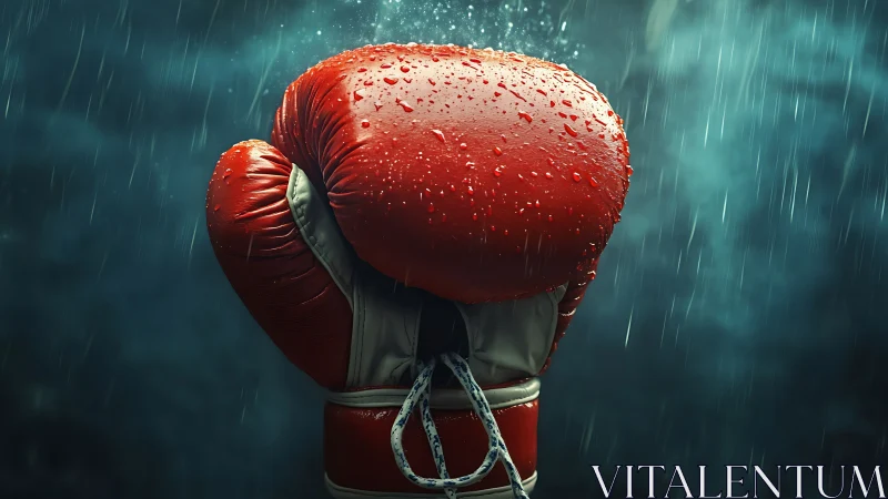 Red Boxing Glove in Rainstorm. Professional Combat Sports Equipment.
