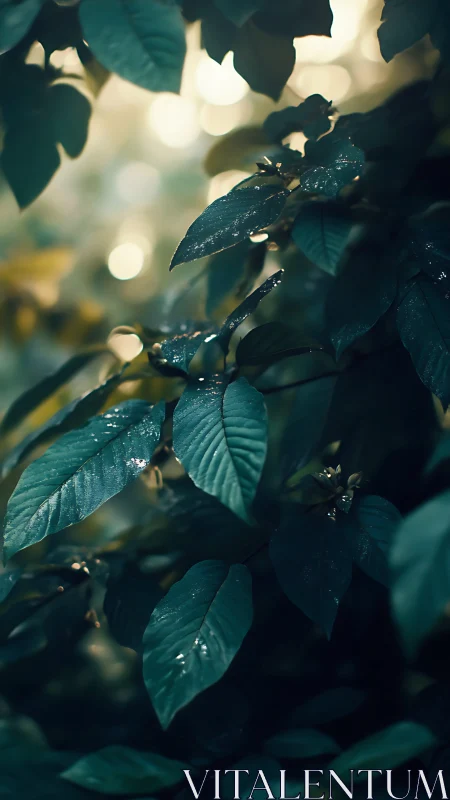 Backlit foliage with dew under shallow optical focus field.