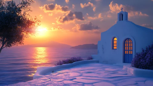 Mediterranean chapel terrace under vivid magenta sunset glow.