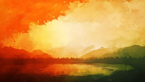 Layered hills with lake under orange yellow sky at dusk.