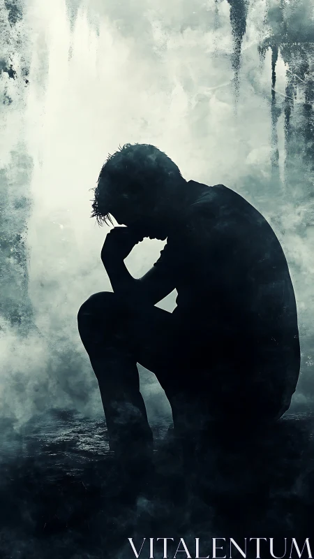 Shadowed thinker kneeling in stormy teal-hazed silence.