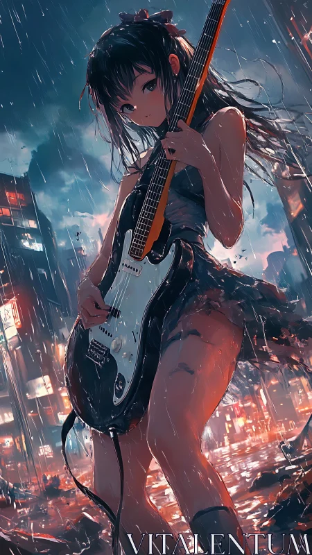 Rain soaked street guitarist framed by neon lit urban skyline